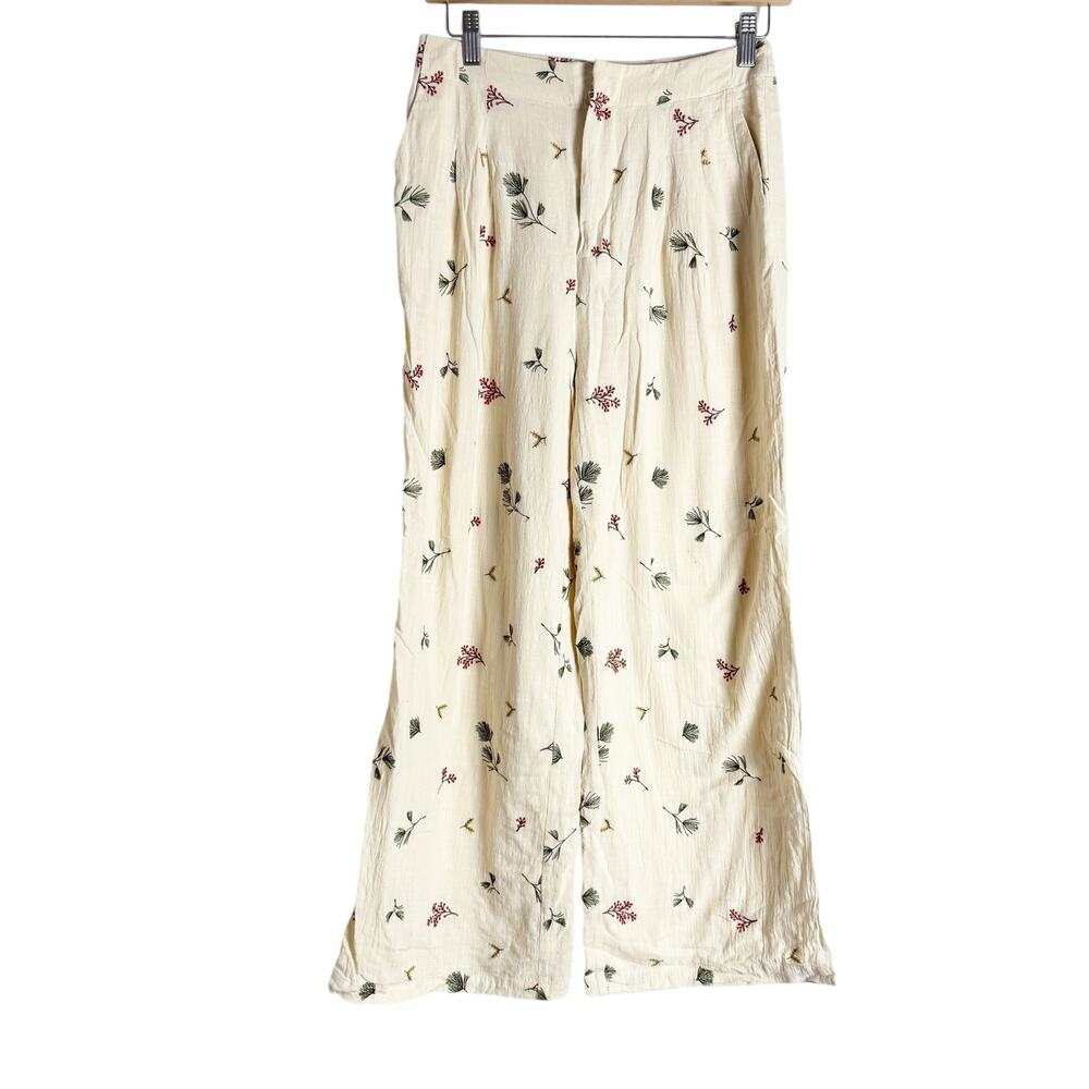 Kourt Sheri Cream Floral Embroidered High Waist Wide Leg Pants Size 2 - Picture 5 of 16